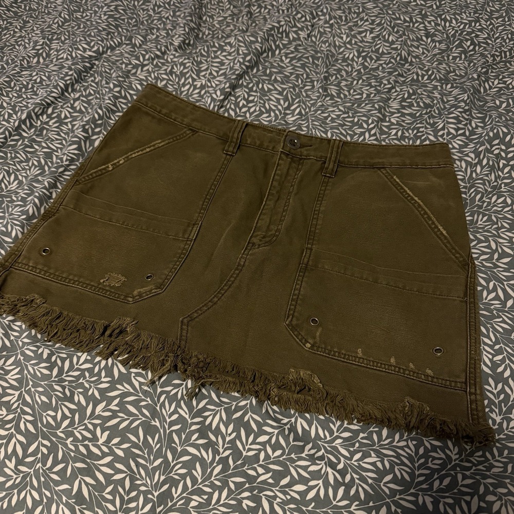FREE PEOPLE Womens Olive Green Cargo Mini Skirt Cotton Utility Raw Hem Y2K US 31